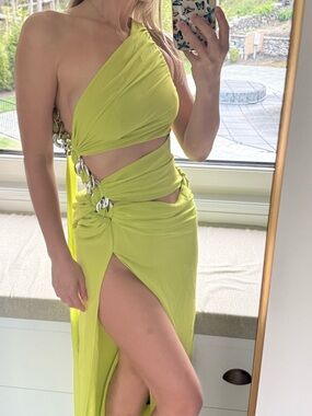 Asymmetric Lime One-Shoulder Cutout Maxi Dress with Silver Accents